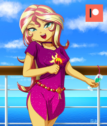 Size: 844x1000 | Tagged: safe, artist:uotapo, sunset shimmer, human, equestria girls, equestria girls series, g4, spring breakdown, spoiler:eqg series (season 2), blushing, choker, clothes, cloud, cruise ship, cute, cutie mark on clothes, dress, drink, female, geode of empathy, glass, jewelry, looking at you, magical geodes, necklace, ocean, open mouth, patreon, patreon logo, shimmerbetes, sky, solo, straw, water