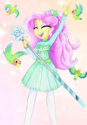 Size: 900x1293 | Tagged: safe, artist:astevenamedwolf, fluttershy, bird, equestria girls, g4, my little pony equestria girls: better together, so much more to me, eyes closed, female, lovebird, microphone, singing
