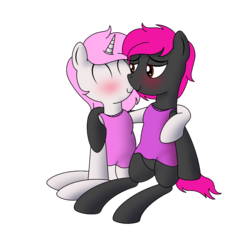 Size: 1000x1000 | Tagged: safe, artist:cappie, oc, oc only, oc:cloud pink, oc:patches pinkgem, pony, blushing, clothes, crossdressing, cute, hug, male, smiling, stallion, sweater