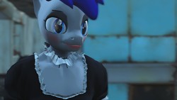Size: 1280x720 | Tagged: safe, artist:themultibrony21, oc, oc only, oc:feathertrap, unicorn, anthro, choker, close-up, clothes, crossdressing, eyeshadow, fallout, fallout 4, femboy, french maid, game mod, happy, lipstick, maid, makeup, male, smiling, stallion, trap
