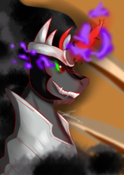 Size: 2480x3508 | Tagged: safe, artist:mantarwolf, king sombra, pony, unicorn, g4, armor, clothes, curved horn, dark magic, high res, horn, magic, male, red eyes, solo