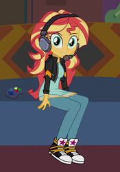 Size: 2800x4000 | Tagged: safe, artist:tabrony23, sunset shimmer, equestria girls, g4, game stream, my little pony equestria girls: better together, clothes, controller, converse, couch, cute, female, gamer sunset, headphones, jacket, looking at you, pants, shoes, show accurate, sitting, smiling, sneakers, solo