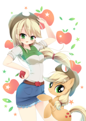 Size: 992x1403 | Tagged: safe, artist:スピカ, applejack, earth pony, human, pony, equestria girls, g4, anime, apple, applejack's hat, belt, blushing, clothes, cowboy hat, cute, denim skirt, female, food, freckles, hand on hip, hat, humanized, jackabetes, looking at you, mare, miniskirt, moe, open mouth, shirt, skirt, smiling, stetson