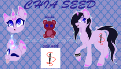 Size: 3239x1851 | Tagged: safe, artist:sodapopfairypony, oc, oc only, oc:chia seed, pony, unicorn, female, magic, mare, reference sheet, solo, spiked wristband, tongue out, wristband