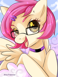 Size: 2002x2641 | Tagged: safe, artist:alna fratcher, oc, oc only, pegasus, pony, choker, cute, female, glasses, high res, looking at you, mare, open mouth, solo, ych result