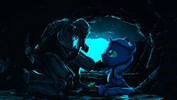 Size: 3840x2160 | Tagged: safe, artist:apexpredator923, princess luna, human, pony, g4, 3d, armor, cave, crossover, cute, energy weapon, fallout, fallout 4, female, filly, high res, laser rifle, power armor, t45, weapon, woona, younger