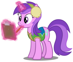 Size: 5600x4700 | Tagged: safe, artist:mundschenk85, artist:parclytaxel, amethyst star, sparkler, pony, unicorn, g4, absurd resolution, clipboard, earmuffs, female, magic, mare, show accurate, simple background, solo, transparent background, vector, winter wrap up vest