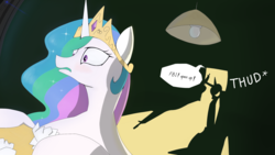 Size: 3085x1740 | Tagged: artist needed, safe, princess celestia, alicorn, pony, g4, dark, diplomatic immunity, door, fbi open up, female, frown, gun, mare, missing accessory, open mouth, rifle, shadow, silhouette, solo focus, speech bubble, tissue, wat, watching, weapon, wide eyes