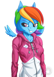 Size: 955x1351 | Tagged: safe, artist:mysticalpha, rainbow dash, pegasus, anthro, g4, clothes, female, hoodie, mare, simple background, smiling, smirk, solo, white background