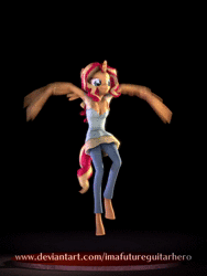 Size: 1736x2304 | Tagged: safe, artist:imafutureguitarhero, derpibooru exclusive, sunset shimmer, alicorn, harpy, monster pony, original species, anthro, unguligrade anthro, equestria girls, g4, 3d, alicornified, animated, animation cycle, armpits, backflip, clothes, colored eyebrows, colored eyelashes, dress, exclaiming, female, floating, flying, freckles, jeans, loop, pants, peppered bacon, perfect loop, race swap, shout, solo, sound, source filmmaker, watermark, webm, wing arms, yelling