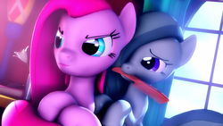 Size: 3840x2159 | Tagged: safe, artist:selestlight, marble pie, pinkie pie, earth pony, pony, g4, 3d, female, hairbrush, high res, mouth hold, pinkamena diane pie, siblings, sisters, source filmmaker, twins
