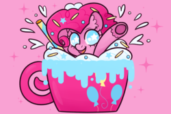 Size: 800x533 | Tagged: safe, artist:nelebratory, pinkie pie, earth pony, pony, g4, abstract background, coffee cup, cup, cup of pony, female, looking at you, micro, pink background, smiling, solo, starry eyes, wingding eyes