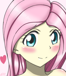Size: 650x750 | Tagged: safe, artist:tastyrainbow, fluttershy, equestria girls, g4, anime, bare shoulder portrait, bare shoulders, big eyes, blushing, bust, cute, female, implied nudity, looking at you, pink background, portrait, shy, shyabetes, simple background, solo