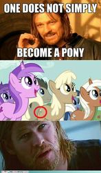 Size: 500x848 | Tagged: safe, edit, edited screencap, screencap, amethyst star, doctor whooves, mjölna, silver spanner, sparkler, time turner, earth pony, human, pony, unicorn, g4, background pony, boromir, circled, female, lord of the rings, male, mare, thor