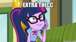 Size: 600x337 | Tagged: safe, edit, edited screencap, screencap, sci-twi, twilight sparkle, equestria girls, g4, my little pony equestria girls: better together, text support, text support: sunset shimmer, aku, caption, geode of telekinesis, image macro, lip bite, magical geodes, memeful.com, reference, samurai jack, text