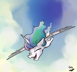 Size: 4613x4332 | Tagged: safe, artist:greyscaleart, princess celestia, alicorn, pony, g4, absurd resolution, cloud, eyes closed, falling, female, flying, greyscaleart is trying to murder us, happy, mare, open mouth, signature, smiling, solo, spread wings, vertigo, wings