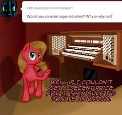 Size: 848x800 | Tagged: safe, artist:kathyhauser, oc, oc only, oc:pun, earth pony, pony, ask pun, ask, female, mare, musical instrument, organ, pun, solo