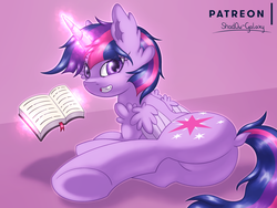 Size: 3000x2250 | Tagged: safe, artist:shad0w-galaxy, twilight sparkle, alicorn, pony, g4, adorasexy, book, butt, chest fluff, cute, dock, ear fluff, female, fluffy, glowing horn, grin, high res, horn, looking at you, looking back, looking back at you, lying, magic, mare, patreon, plot, reading, sexy, smiling, solo, telekinesis, twilight sparkle (alicorn), underhoof, wing fluff, wings
