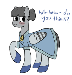 Size: 881x918 | Tagged: safe, artist:bojangleee, oc, oc only, oc:peep, bird pone, pigeon, pony, alternate hairstyle, blushing, clothes, dialogue, dress, female, looking at you, mare, raised hoof, simple background, solo, transparent background