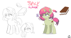 Size: 1250x672 | Tagged: safe, artist:badhthebrad, artist:cdv, oc, oc only, oc:spicy flavor, pony, unicorn, cutie mark, female, mare, piercing, reference sheet, sketch, solo, text