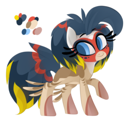 Size: 894x894 | Tagged: safe, artist:birb-o-fluff, oc, oc only, bird pone, original species, female, mare, mask, raised hoof, reference sheet, simple background, smiling, solo, transparent background