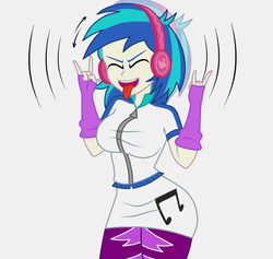 Size: 1900x1800 | Tagged: dead source, safe, artist:mashoart, dj pon-3, vinyl scratch, equestria girls, g4, clothes, devil horn (gesture), eyes closed, female, headphones, open mouth, simple background, solo, tongue out, white background