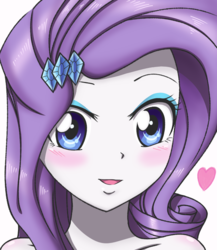 Size: 650x750 | Tagged: safe, artist:tastyrainbow, rarity, equestria girls, g4, anime, bare shoulder portrait, bare shoulders, big eyes, blushing, bust, cute, eyeshadow, female, hairpin, happy, implied nudity, looking at you, makeup, portrait, raribetes, simple background, solo, white background