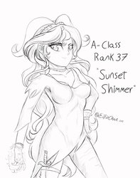 Size: 3000x3800 | Tagged: safe, artist:katakiuchi4u, sunset shimmer, equestria girls, g4, clothes, female, high res, monochrome, one punch man, simple background, sketch, smiling, solo, white background