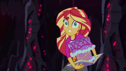 Size: 1920x1080 | Tagged: safe, screencap, sunset shimmer, equestria girls, g4, my little pony equestria girls: legend of everfree, book, cake, cave, clothes, crystal gala, faic, female, food, journal, shock, shorts, solo