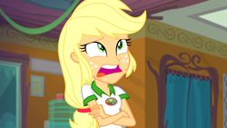 Size: 1920x1080 | Tagged: safe, screencap, applejack, equestria girls, g4, legend of everfree, legend of everfree - bloopers, blooper, crossed arms, faic, female, silly, silly human, solo, who's a silly human