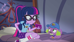 Size: 1920x1080 | Tagged: safe, screencap, sci-twi, spike, spike the regular dog, twilight sparkle, dog, equestria girls, g4, legend of everfree - bloopers, my little pony equestria girls: legend of everfree, blooper