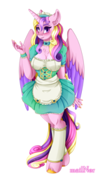 Size: 1997x3566 | Tagged: safe, artist:mailner, princess cadance, alicorn, anthro, unguligrade anthro, g4, big breasts, blushing, breasts, busty princess cadance, choker, clothes, colored hooves, colored wings, dress, female, looking at you, maid, milf, smiling, solo