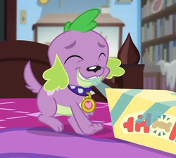 Size: 536x483 | Tagged: safe, screencap, spike, spike the regular dog, dog, equestria girls, g4, my little pony equestria girls: better together, reboxing with spike!, box, collar, cropped, cute, eyes closed, male, paws, sci-twi's room, smiling, solo, spikabetes, tail