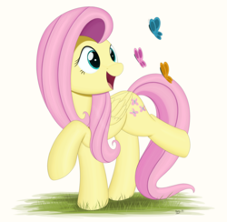 Size: 4000x3900 | Tagged: safe, artist:arcane-thunder, fluttershy, butterfly, pegasus, pony, g4, cute, female, grass, mare, open mouth, shyabetes, simple background, solo, white background