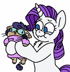Size: 607x619 | Tagged: safe, artist:sandwichbuns, rarity, oc, oc:yarnball, cat pony, hybrid, original species, pony, g4, chest fluff, clothes, cute, derp, female, interspecies offspring, mother and daughter, no pupils, offspring, parent:capper dapperpaws, parent:rarity, parents:capperity, simple background, sweater, white background