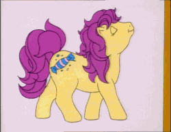 Size: 704x544 | Tagged: safe, screencap, bon bon (g1), earth pony, pony, g1, my little pony tales, too sick to notice, animated, crossed hooves, eyes closed, female, gif, picture, sad, solo, throwing