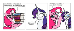Size: 1002x421 | Tagged: safe, artist:gingerfoxy, pinkie pie, rarity, earth pony, pony, unicorn, pony comic generator, g4, 1984, blushing, book, comic, crime and punishment, dialogue, fyodor dostoyevsky, george orwell, leo tolstoy, speech bubble, war and peace