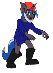 Size: 774x1065 | Tagged: safe, artist:omegapex, oc, oc only, oc:lock down, unicorn, anthro, boots, clothes, hat, horn, meme, noggin clontith, ponified meme, shoes, simple background, solo, transparent background, unicorn oc, you've been gnomed