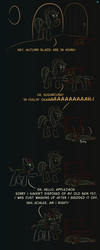 Size: 1246x3111 | Tagged: safe, artist:quint-t-w, applejack, autumn blaze, kirin, g4, sounds of silence, accent, comic, couch, description is relevant, dialogue, door, female, gradient background, headcanon, hoof on shoulder, hug, mare, molting, screaming, shipping fuel, shocked, side hug, simple background, skin, thousand yard stare, traumatized