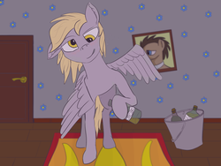Size: 2048x1536 | Tagged: safe, artist:quarmaid, derpy hooves, doctor whooves, time turner, earth pony, pony, g4, alcohol, bottle, bucket, carpet, door, drunk, drunkerpy, female, picture, solo