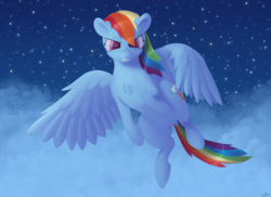 Size: 2743x2000 | Tagged: safe, artist:coldmix, rainbow dash, pony, g4, cloud, female, flying, grin, high res, night, signature, sky, smiling, solo, stars