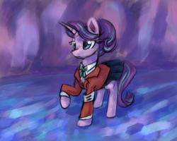 Size: 1500x1200 | Tagged: safe, artist:elisdoominika, starlight glimmer, pony, unicorn, g4, alternate hairstyle, bow, clothes, equal sign, female, pleated skirt, skirt, solo, suit, twilight's castle