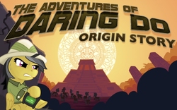 Size: 1024x637 | Tagged: safe, daring do, oc, pegasus, pony, zebra, fallout equestria, g4, cover, cover art, cutie mark, fallout equestria:origin story, fanfic, fanfic art, fanfic cover, female, gritted teeth, helmet, hooves, mare, pipbuck, piramide, solo focus, temple, text, wings, zebra oc