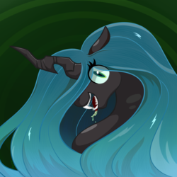 Size: 1181x1181 | Tagged: safe, artist:dyonys, queen chrysalis, changeling, changeling queen, g4, bust, drool, drool string, fangs, female, looking at you, simple background, tongue out