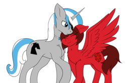 Size: 3270x2154 | Tagged: safe, artist:drarkusss0, oc, oc only, oc:cinnamon pop, oc:sekr gray, pegasus, pony, unicorn, bowtie, duo, eyepatch, high res, nuzzling, sekramon, shipping, simple background, transparent background, ych result