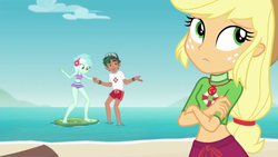 Size: 1280x720 | Tagged: safe, screencap, applejack, lyra heartstrings, timber spruce, equestria girls, g4, my little pony equestria girls: better together, turf war, barefoot, cap, clothes, crossed arms, feet, geode of super strength, hat, legs, lifeguard, lifeguard applejack, lifeguard timber, magical geodes, male, midriff, ocean, shorts, surfboard