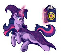 Size: 1693x1525 | Tagged: safe, artist:littletigressda, twilight sparkle, pony, unicorn, g4, book, cape, clothes, female, glowing horn, hat, horn, mage, magic, mare, simple background, solo, transparent background, unicorn twilight, witch hat