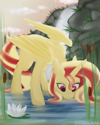 Size: 2000x2500 | Tagged: safe, artist:evlass, oc, oc only, alicorn, bat pony, pony, alicorn oc, bat pony oc, commission, drinking, high res, not sunset shimmer, red eyes, standing, water, waterfall, ych result