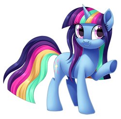 Size: 2934x2874 | Tagged: safe, artist:centchi, oc, oc only, oc:bright spark, pony, unicorn, cute, female, high res, mare, rainbow hair, simple background, smiling, white background
