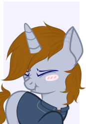 Size: 1800x2600 | Tagged: safe, artist:limondash, oc, oc only, oc:littlepip, pony, unicorn, fallout equestria, blush sticker, blushing, clothes, cute, eyes closed, fanfic, fanfic art, female, jumpsuit, mare, missing cutie mark, scrunchy face, simple background, solo, vault suit